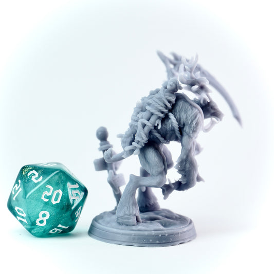 Gray deer-like fantasy figurine with a weapon next to a green polyhedral dice on a white background
