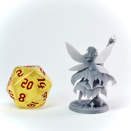 Pixie Mage miniature, androgynous fey with wings and magical staff. Tiny spellcaster for D&D adventures.