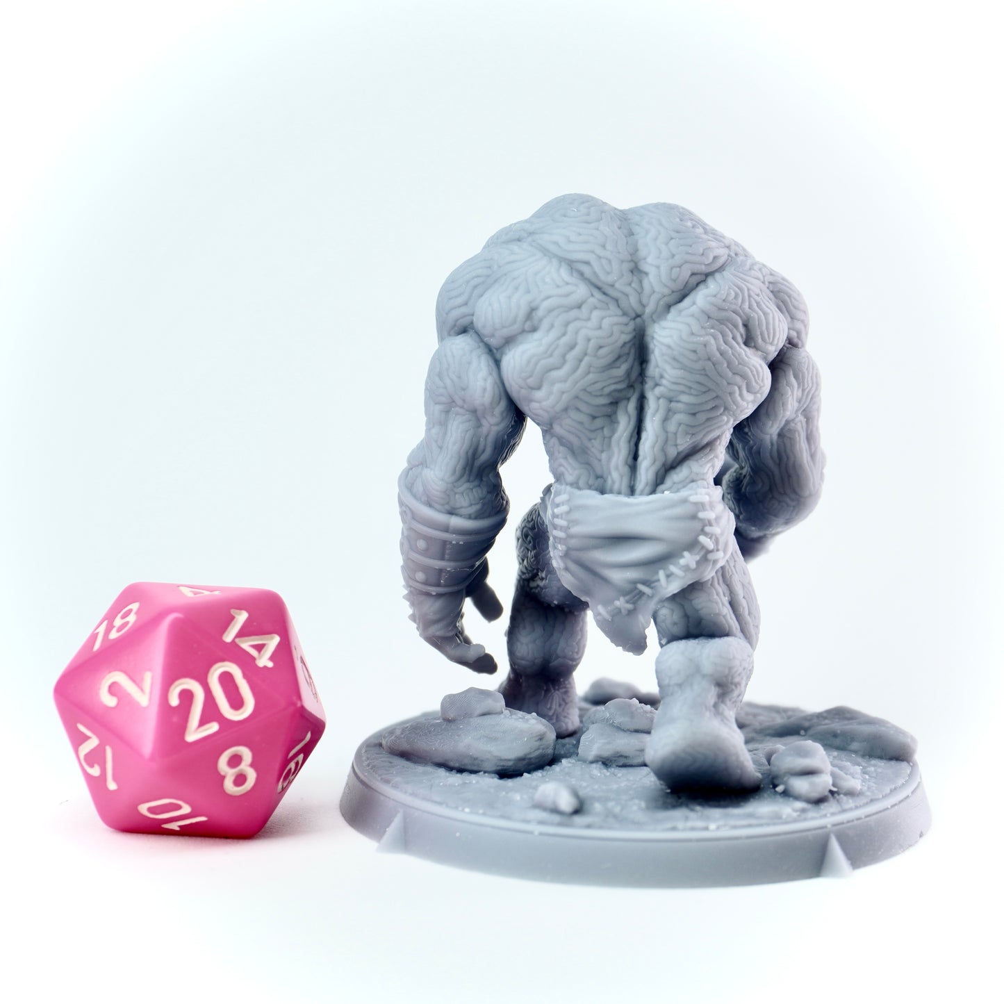 Gray fantasy figurine on a white base with a pink polyhedral dice