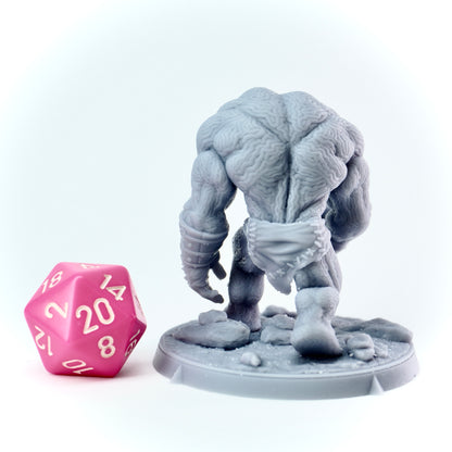 Gray fantasy figurine on a white base with a pink polyhedral dice
