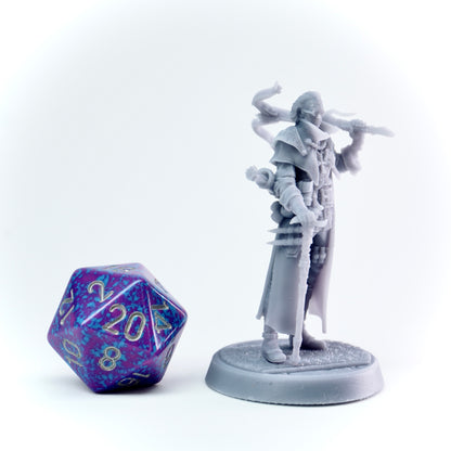 Gray fantasy figurine with a large polyhedral dice on a white background