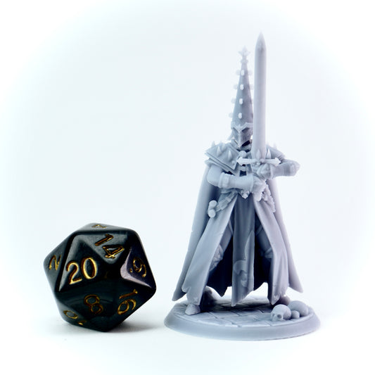 Fantasy knight figurine with a large black die on a white background