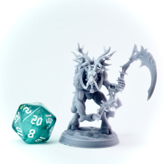 Gray reindeer fantasy figurine with antlers and a weapon next to a green polyhedral dice on a white background