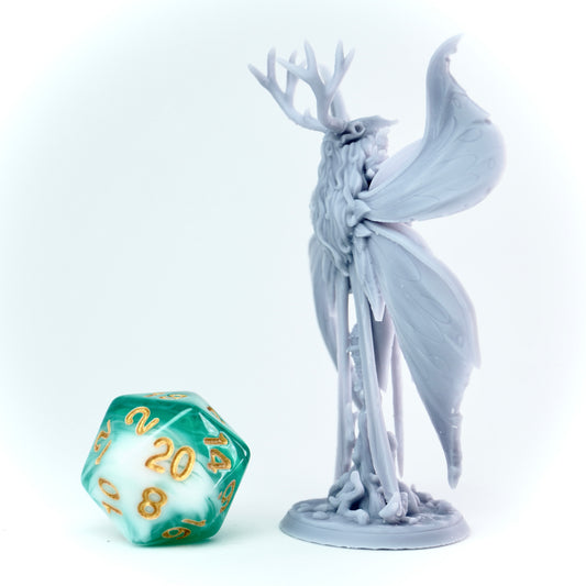 White fantasy creature with antlers and a large sword on a white background