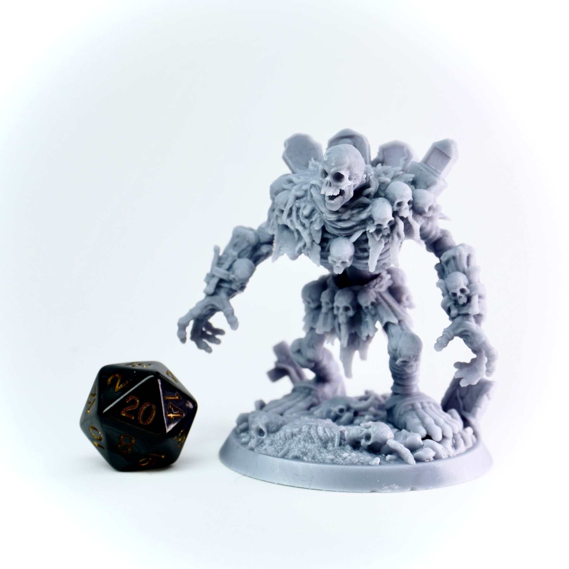 Gray skeletal figure with a black polyhedral dice on a white background