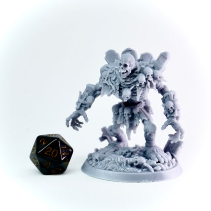 Gray skeletal figure with a black polyhedral dice on a white background