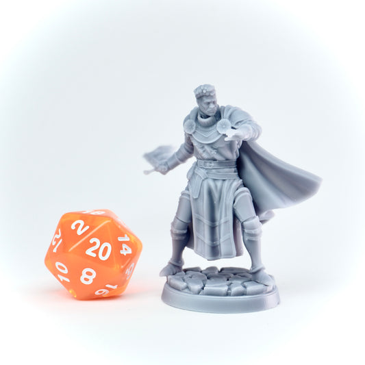 Gray fantasy figurine with a large orange polyhedral dice on a white background