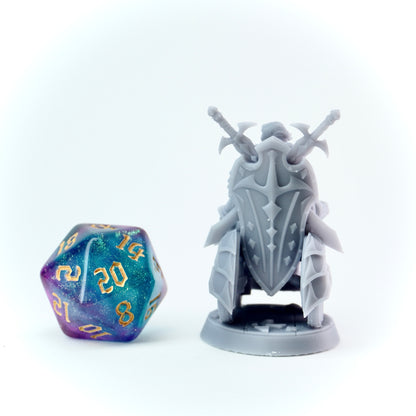 Gray fantasy figurine with a sword on a white background