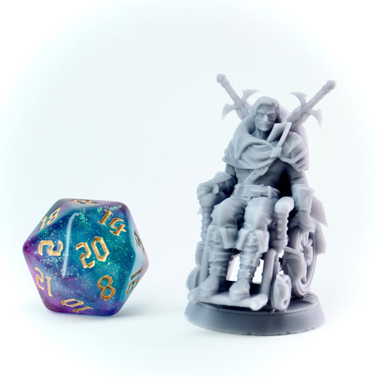 Gray miniature figure of a warrior with crossed swords next to a polyhedral dice on a white background