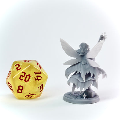 Pixie Mage miniature, androgynous fey with wings and magical staff. Tiny spellcaster for D&D adventures.