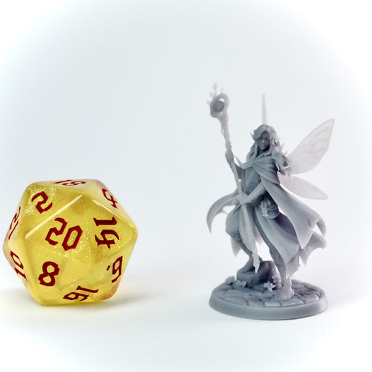 Pixie Mage miniature, androgynous fey with wings and magical staff. Tiny spellcaster for D&D adventures.