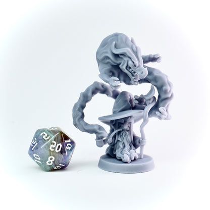 Gray fantasy figurine of a wizard being attacked by a smoke dragon with a polyhedral dice on a white background