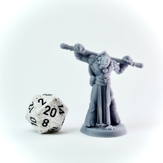 Gray miniature figure with a staff next to a twenty-sided die on a white background