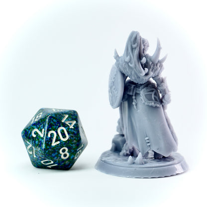 Gray female fantasy figurine with large helmet next to a polyhedral dice on a white background